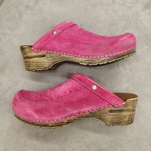 Sanita Clogs 7 Magenta Pink Suede Hedi Floral Embossed Mules Boho Scandinavian